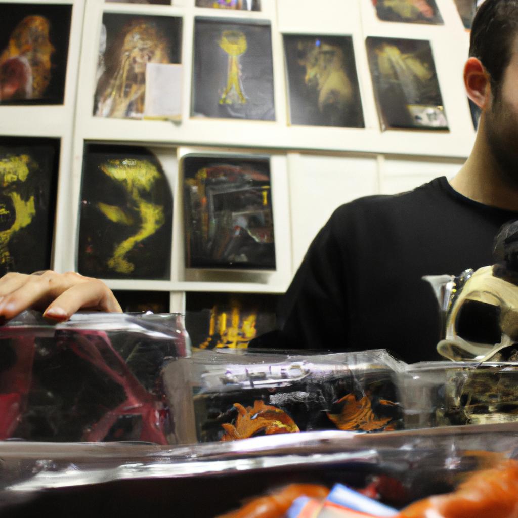 Person browsing vintage horror collectibles